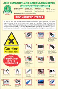 JAMB’s 2026 list of prohibited items in the exam hall and instructions on biometric verification