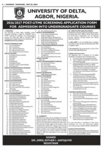 UNIDEL Post UTME/Direct Entry Form 2026/2027: Courses, Eligibility, Application Guide & Deadline