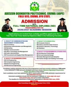 Adeseun Ogundoyin Polytechnic Post-UTME 2026: cut-off mark, eligibility and registration details