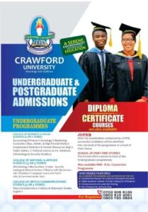 Crawford University Post-UTME/DE 2026: Cut-off mark, Eligibility and Registration Details