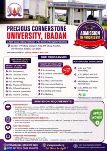 Precious Cornerstone University Post-UTME/DE 2026: Cut-off mark, Eligibility and Registration Details