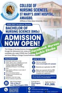 St. Mary Joint Hospital College of Nursing Sciences, Amaigbo BNSc Nursing Admission, 2026/2027