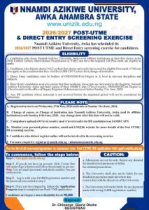 UNIZIK Post UTME & Direct Entry Form 2026/2027 Now Out | Eligibility, Application Steps & Deadline