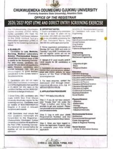 COOU Post UTME/Direct Entry Screening Form 2026/2027: Eligibility, Registration Date, Requirements and Application Procedure
