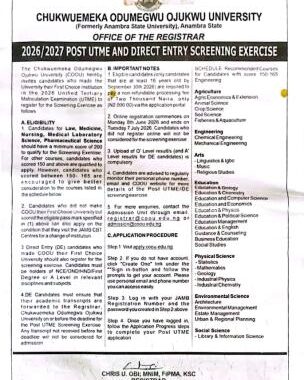 AIFUE Post UTME & Direct Entry Form 2026/2027: Courses, Eligibility, Requirements and Application Guide