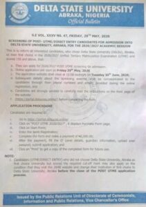DELSU Post UTME Form 2026/2027 Out | Delta State University Screening Eligibility, Registration Process & Deadline