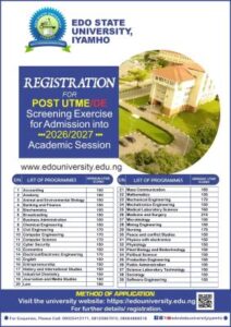 Edo State University (ESUI) Post UTME & Direct Entry Form 2026/2027 Now Available