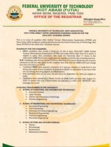 FUTIA Post UTME & Direct Entry Screening Form 2026/2027: Eligibility, Courses, Registration Process and Requirements