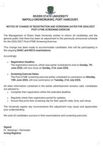 Rivers State University (RSU) Extends 2026/2027 Post-UTME Registration Deadline, Reschedules Screening Exercise