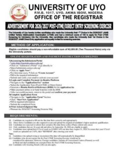 UNIUYO Post UTME/Direct Entry Screening Form 2026/2027 Now Available | Apply Here