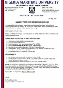 Nigeria Maritime University (NMU) Post UTME Form 2026/2027: Eligibility, Registration Process, Requirements and Deadline
