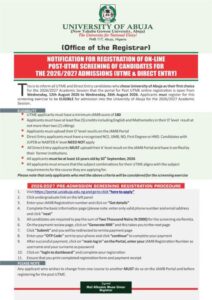 University of Abuja Post-UTME 2026/2027: Registration Date, Eligibility, Fee and Application Procedure