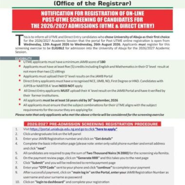 University of Ibadan (UI) Post-UTME & Direct Entry Registration 2026/2027: Eligibility, Registration Process, Screening Date & Requirements