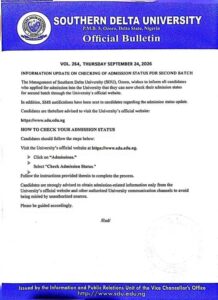 Southern Delta University Releases Second Batch Admission List for 2026/2027