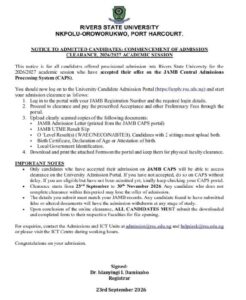 RSU Admission Clearance 2026/2027 Begins for Newly Admitted Candidates