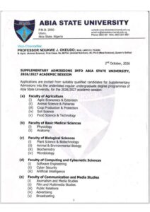 ABSU Supplementary Admission Form 2026/2027: Courses, Requirements and How to Apply