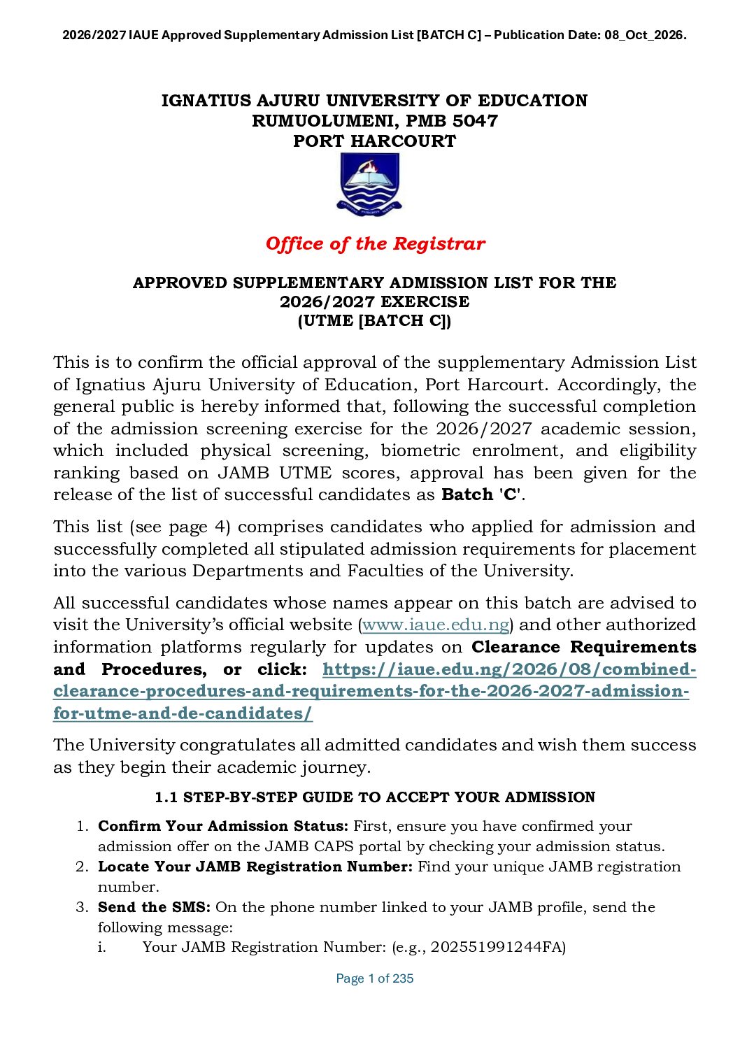 2026/2027 Admission Lists: Schools That Have Released Their Admission Lists