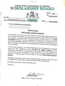 Gombe State Scholarship Board Warns Students Against Fake 2025/2026 Scholarship Registration Circular