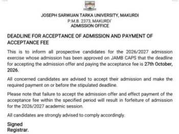 JOSTUM Sets October 27 Deadline for 2026/2027 Admission Acceptance Fee Payment