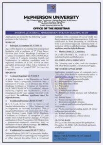 McPherson University Recruitment 2026: Non-Teaching Staff Vacancies and Requirements