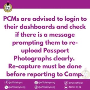 NYSC Directs PCMs to Re-Upload Passport Photographs Before Orientation Camp