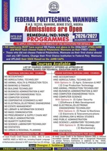 Federal Polytechnic Wannune Admission Form 2026/2027: ND, HND and Remedial Programmes